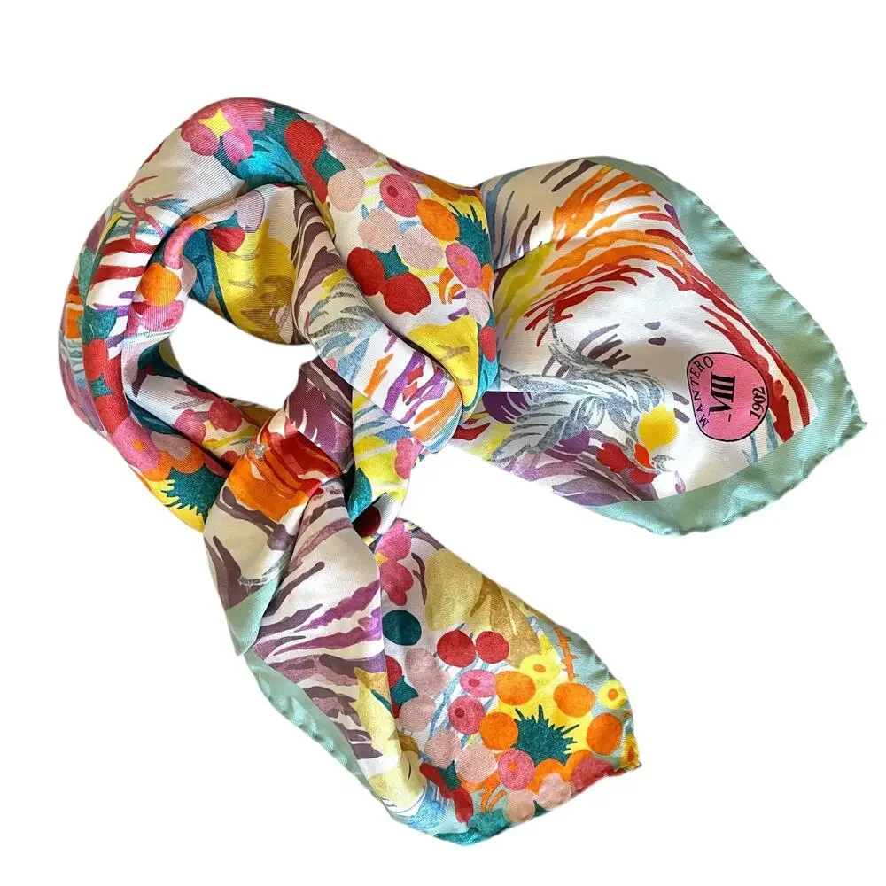 Mantero 1902 Colorful Floral Phoenix Bird Silk Twill Neckerchief Square Scarf